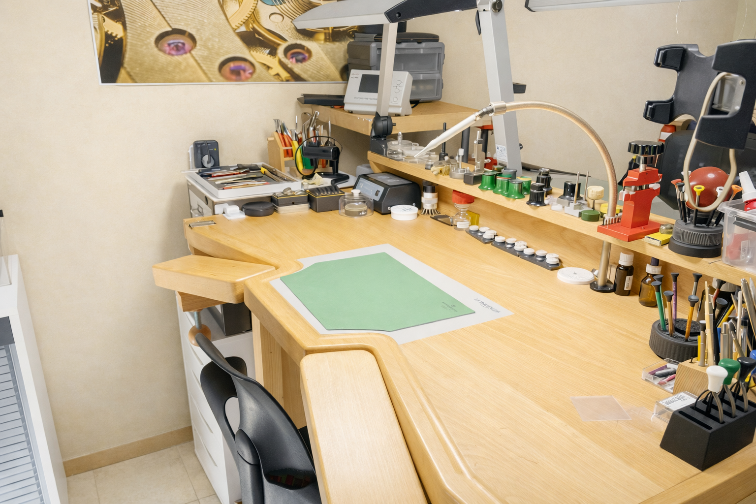 Modern stofarm atelier van EM Watch Service in Houten – reparatie en revisie