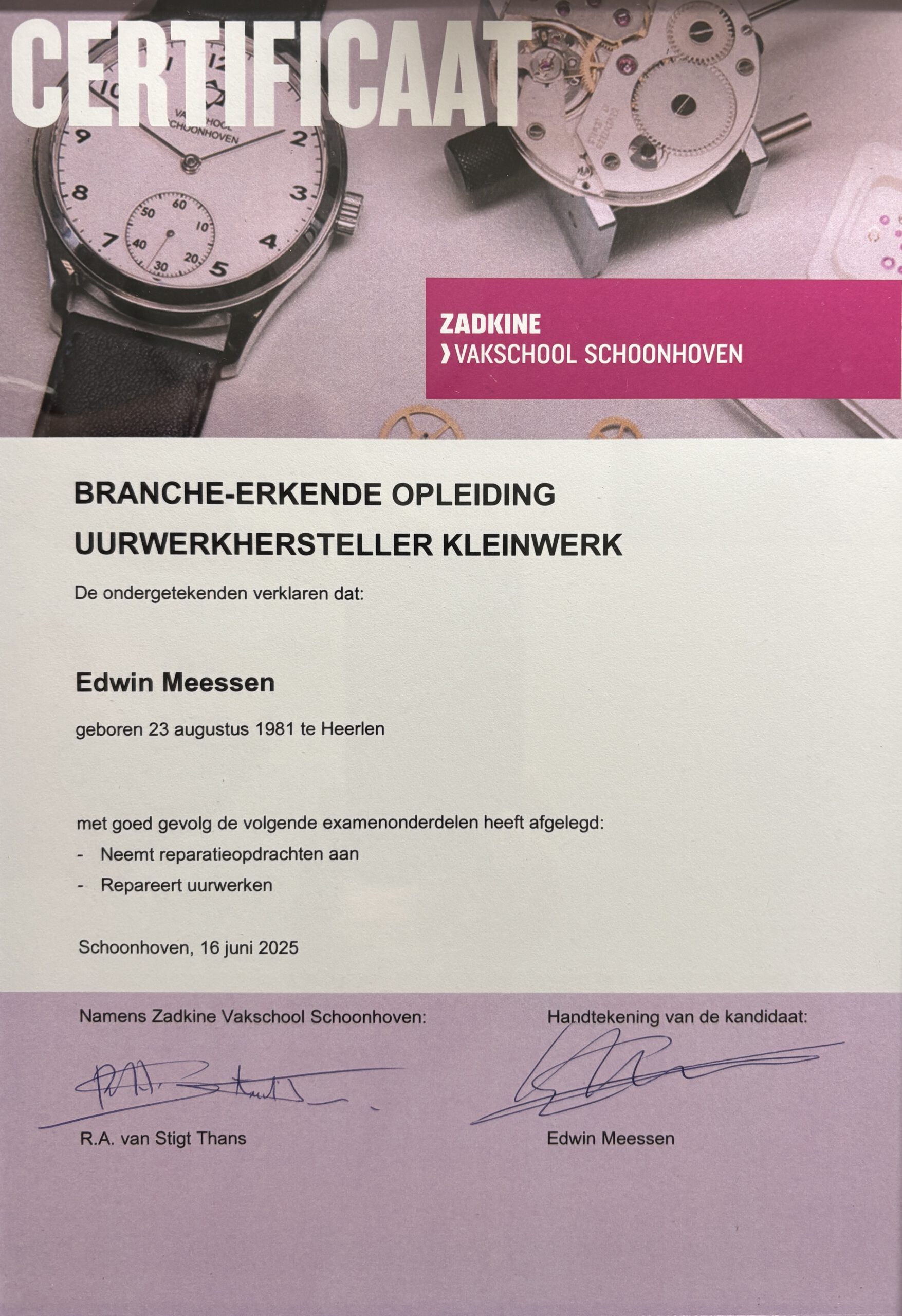 Branche-erkenning certificaat horlogemaker Edwin Meessen