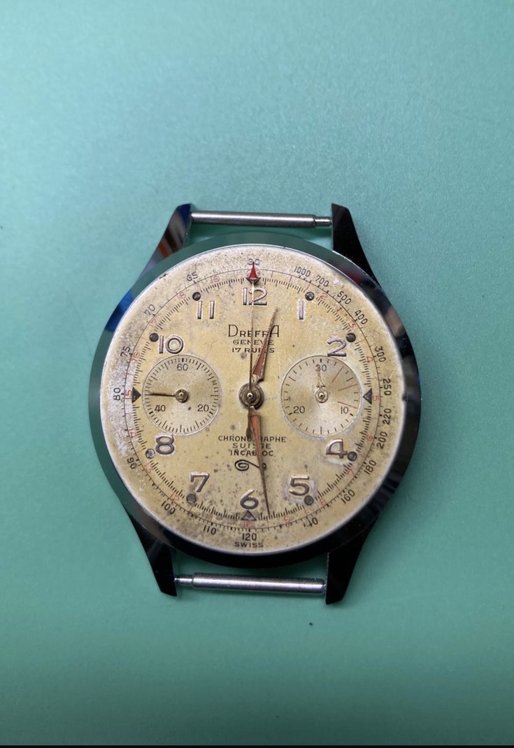 Dreffa Geneve chronograaf wijzerplaat voor restauratie – EM Watch Service
