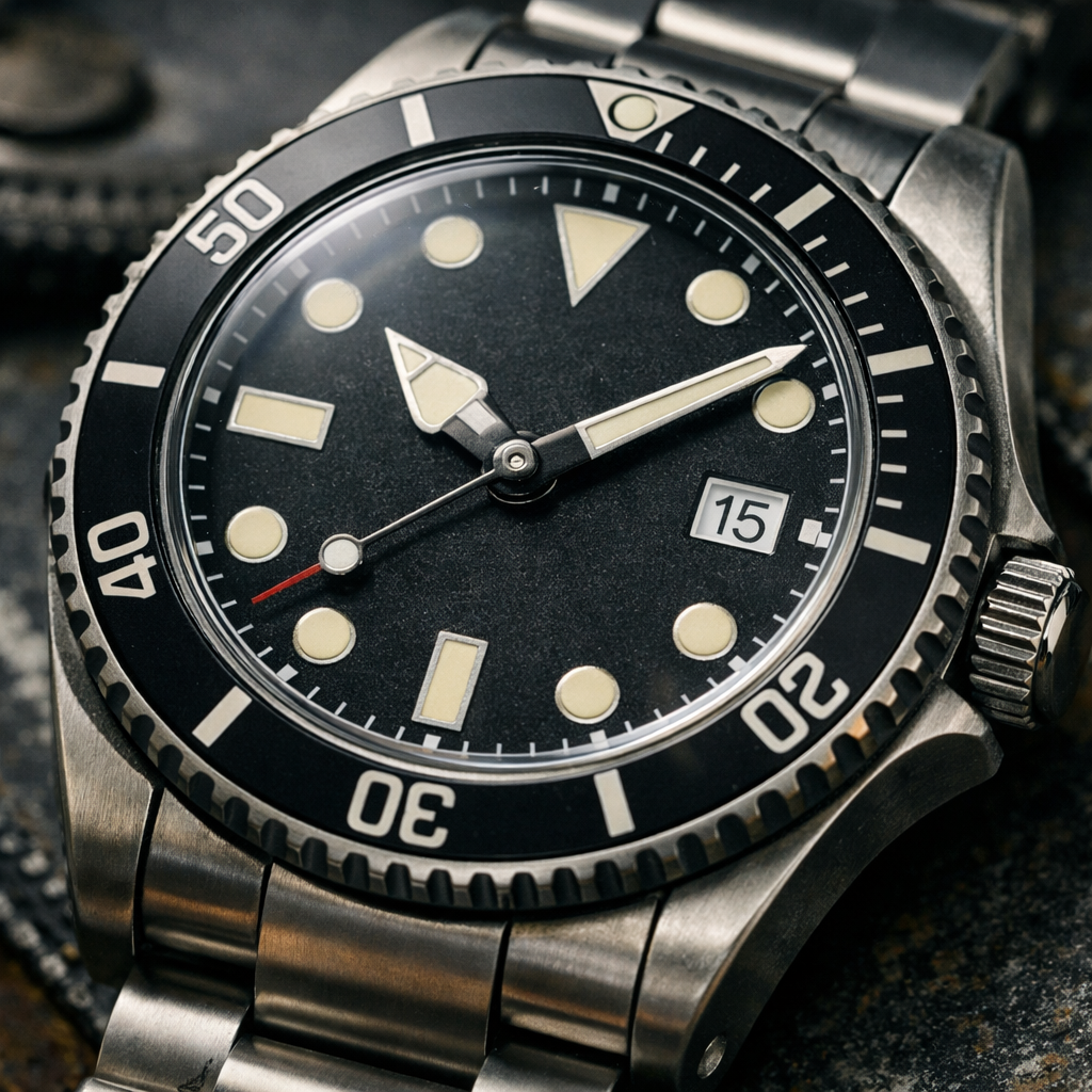 Duikhorloge close-up tijdens glasvervanging in uitvoering bij EM Watch Service