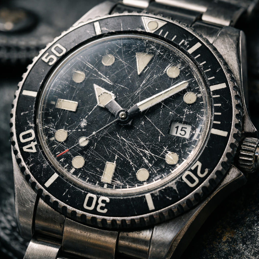 Horloge met gekrast glas voor vervanging door EM Watch Service Houten