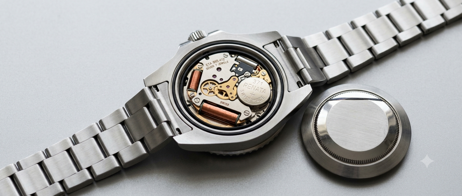 Horloge batterij vervangen – open uurwerk met Renata knoopcel batterij en caseback naast het horloge