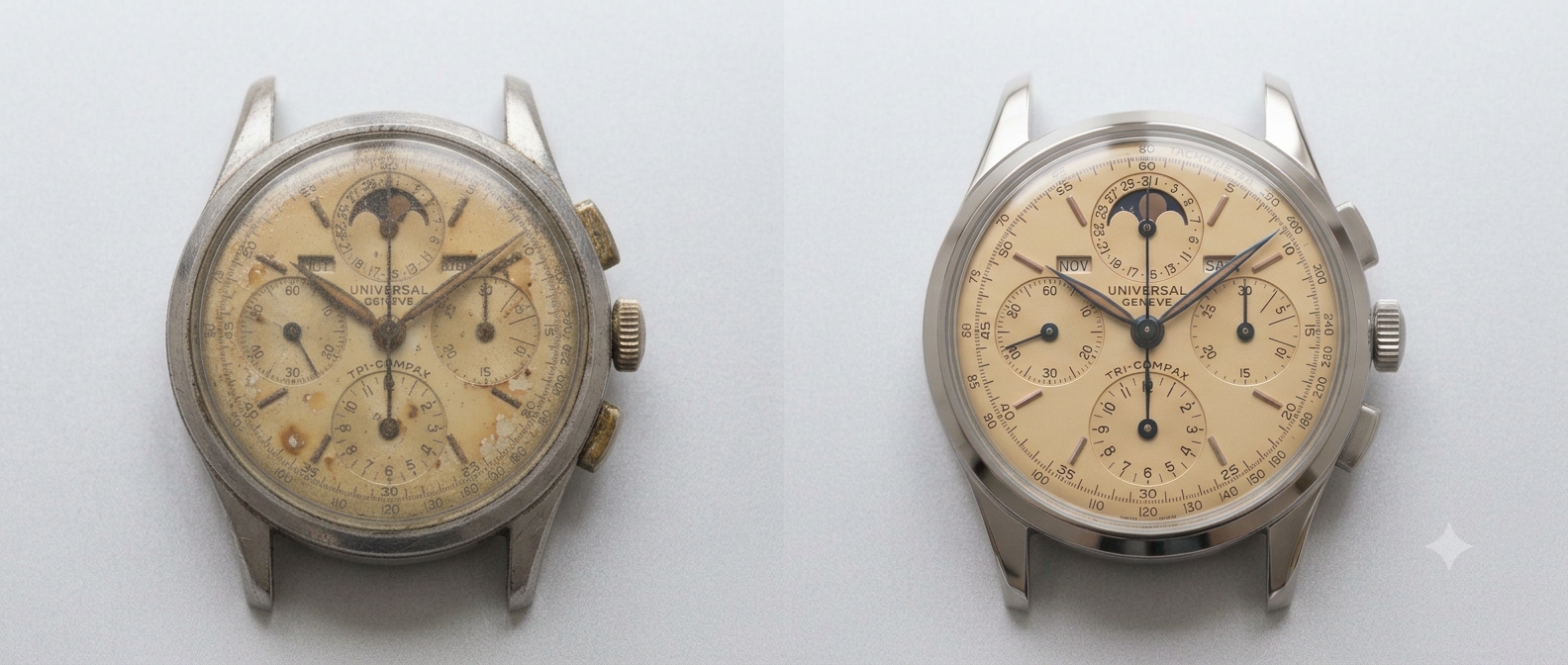 Voor en na restauratie Universal Genève Tri-Compax chronograaf – horloge revisie door EM Watch Service in Houten