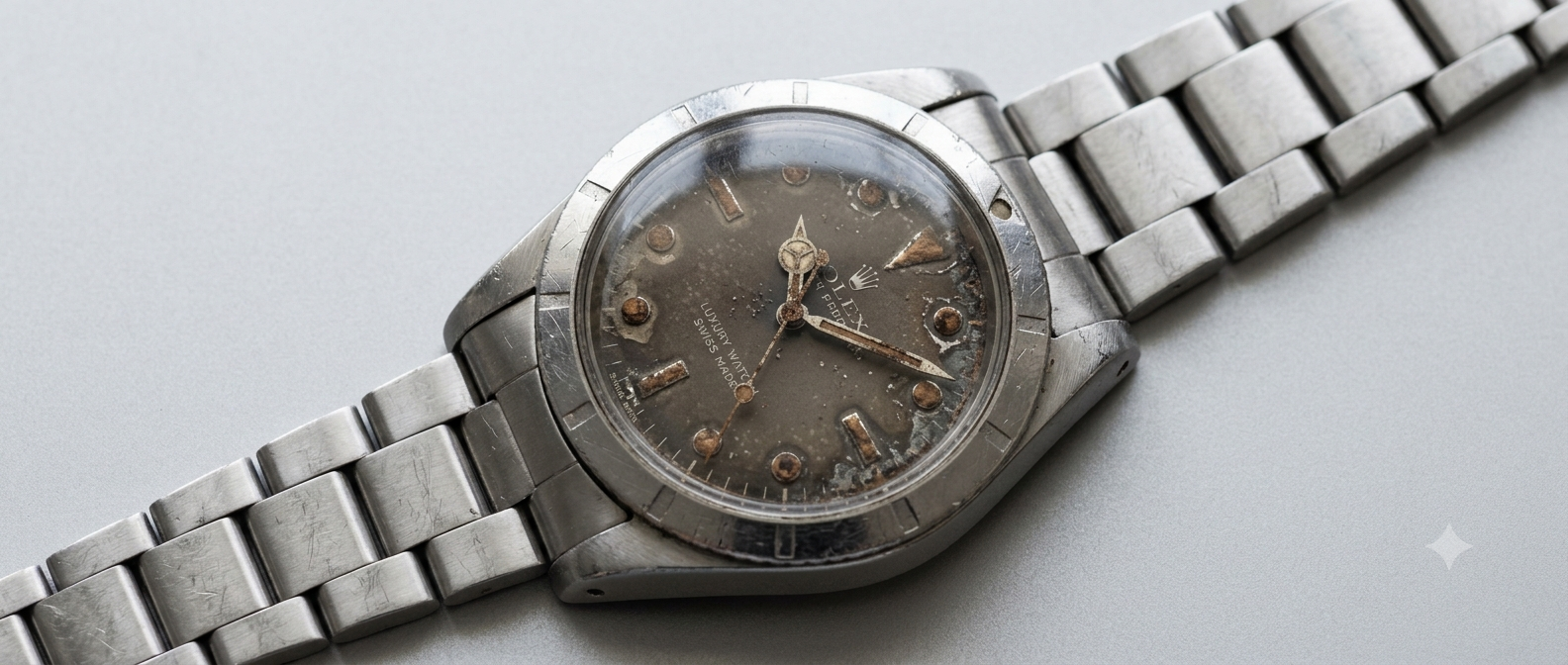 Verouderde horloge wijzerplaat met oxidatie – kandidaat voor wijzerplaat vervangen bij EM Watch Service